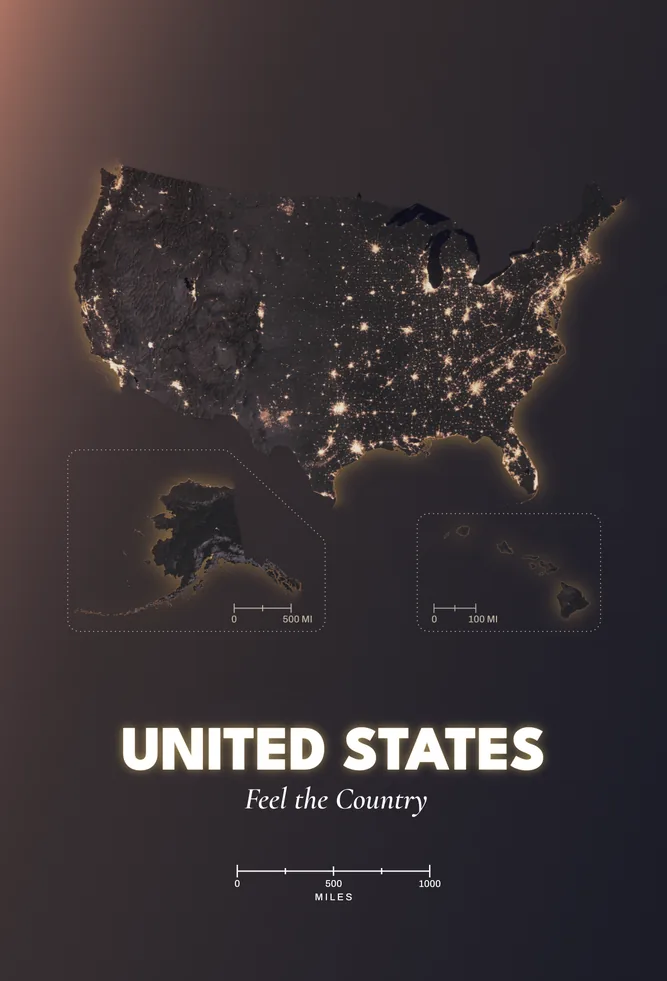 Design artwork for the USA at Night bonus card: the United States drawn by its night-time lights, with Alaska and Hawaii insets