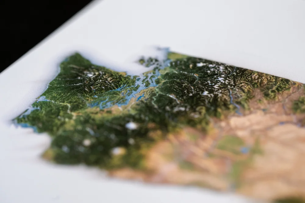Close-up of embossed ridges and shaded-relief printing on a United States postcard production proof